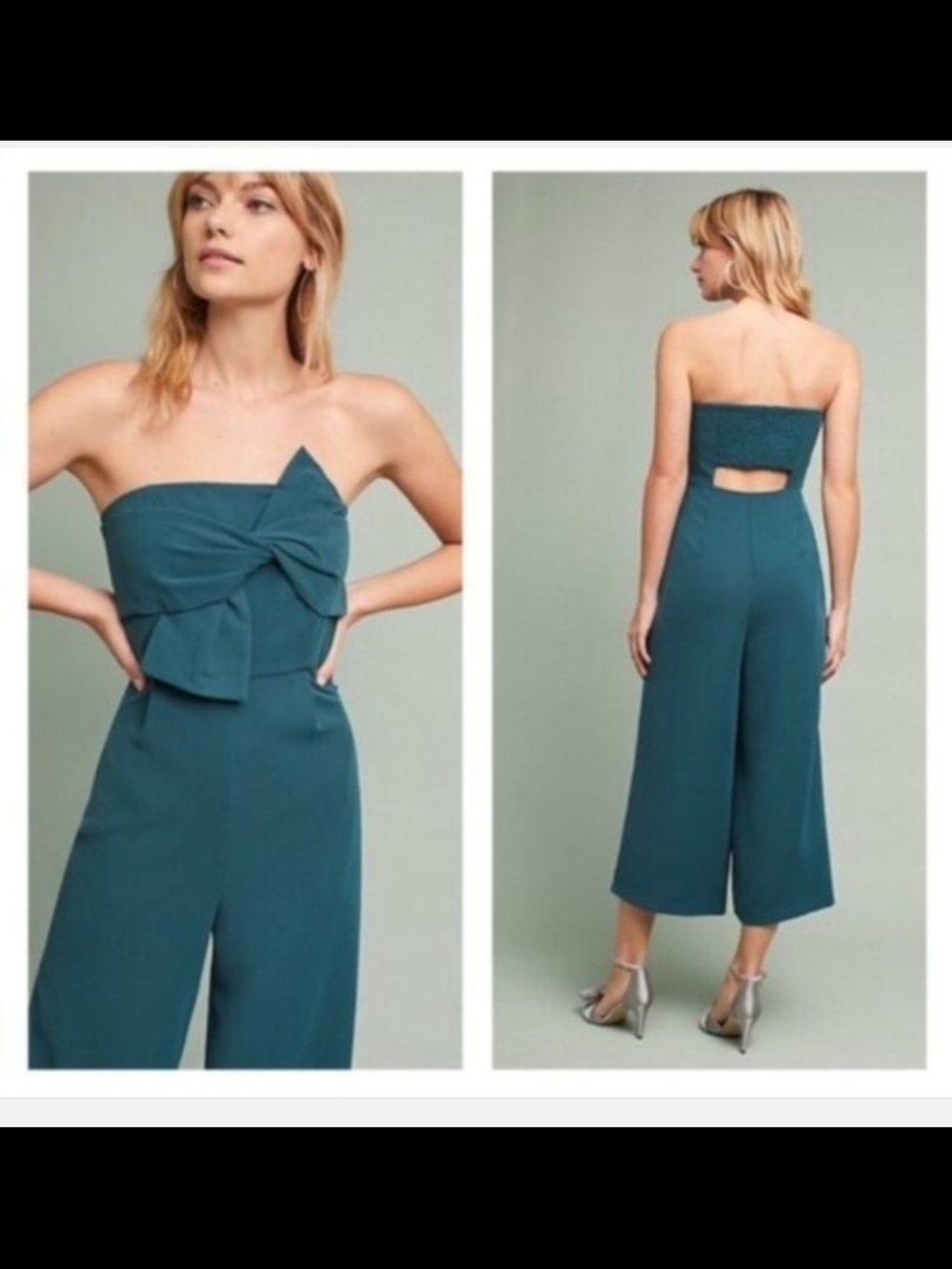 Anthropologie Teal Strapless Wide-Leg Jumpsuit with Front Bow